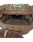 Brown bamboo wedding basket with hinged lid and intricate carving, partially open.