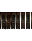 Black and gold calligraphy on wood, 8-panel Chinese screen with decorative wooden frame.