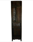 Dark weathered wood 8-panel screen with Chinese calligraphy, tall narrow 34-inch panels.