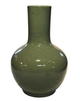 Glossy green celadon porcelain vase with crackle texture, round body, and tall narrow neck on white background.