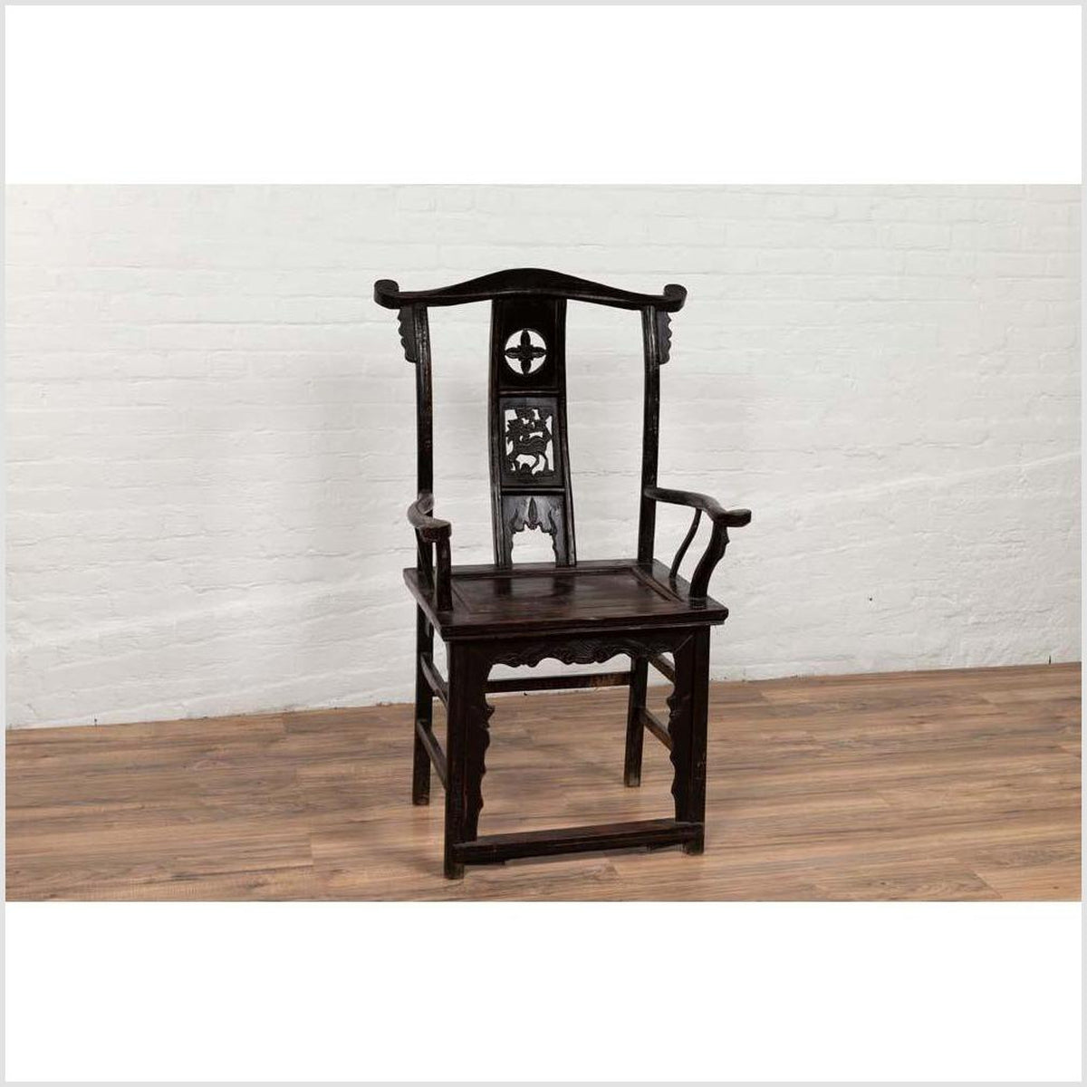 Chinese Elmwood Dark Patina Dengguayi Scholar's Lamp Armchair with Pierced Splat-5. Asian & Chinese Furniture, Art, Antiques, Vintage Home Décor for sale at FEA Home