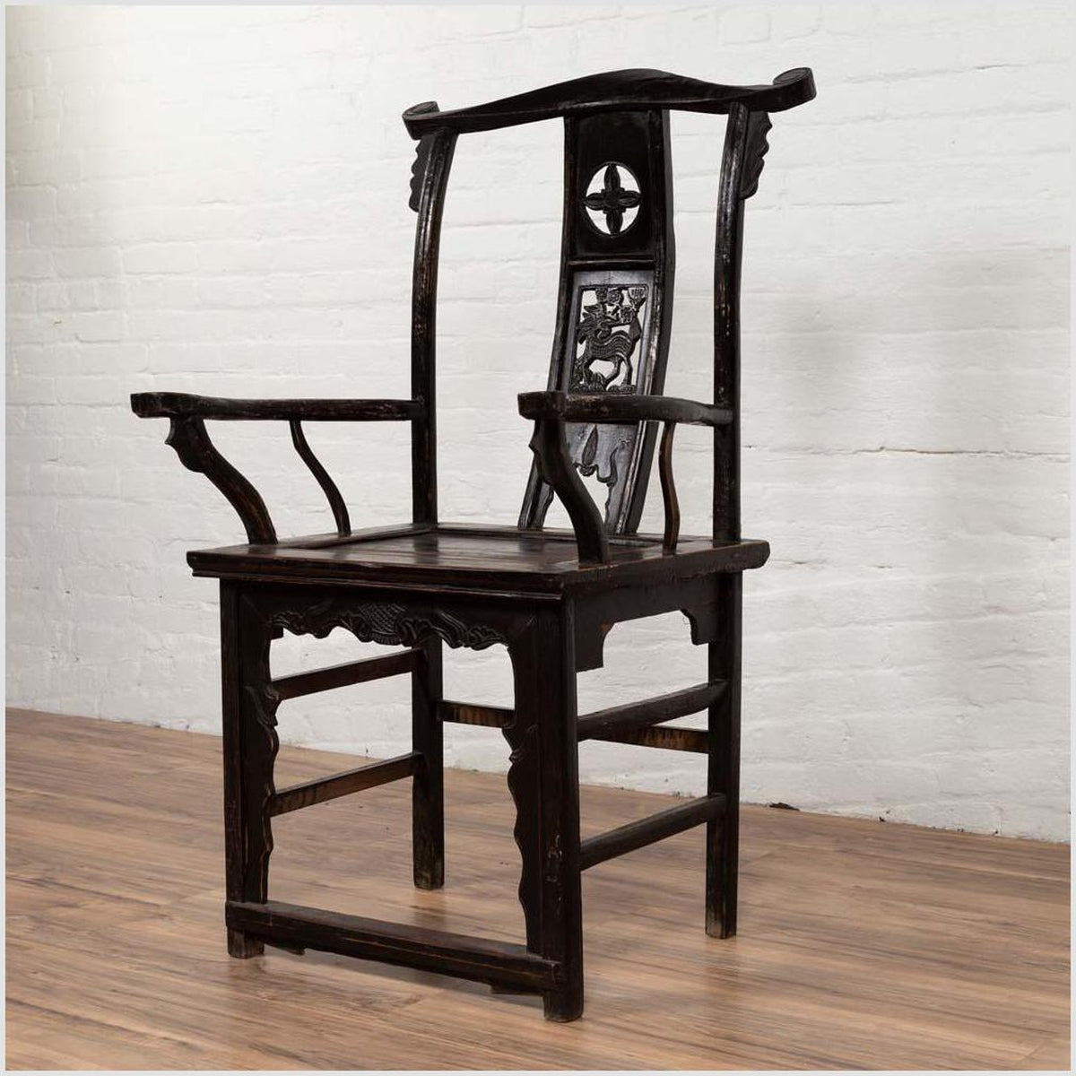 Chinese Elmwood Dark Patina Dengguayi Scholar's Lamp Armchair with Pierced Splat-6. Asian & Chinese Furniture, Art, Antiques, Vintage Home Décor for sale at FEA Home