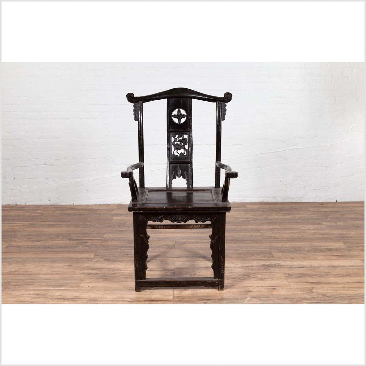 Chinese Elmwood Dark Patina Dengguayi Scholar's Lamp Armchair with Pierced Splat-4. Asian & Chinese Furniture, Art, Antiques, Vintage Home Décor for sale at FEA Home