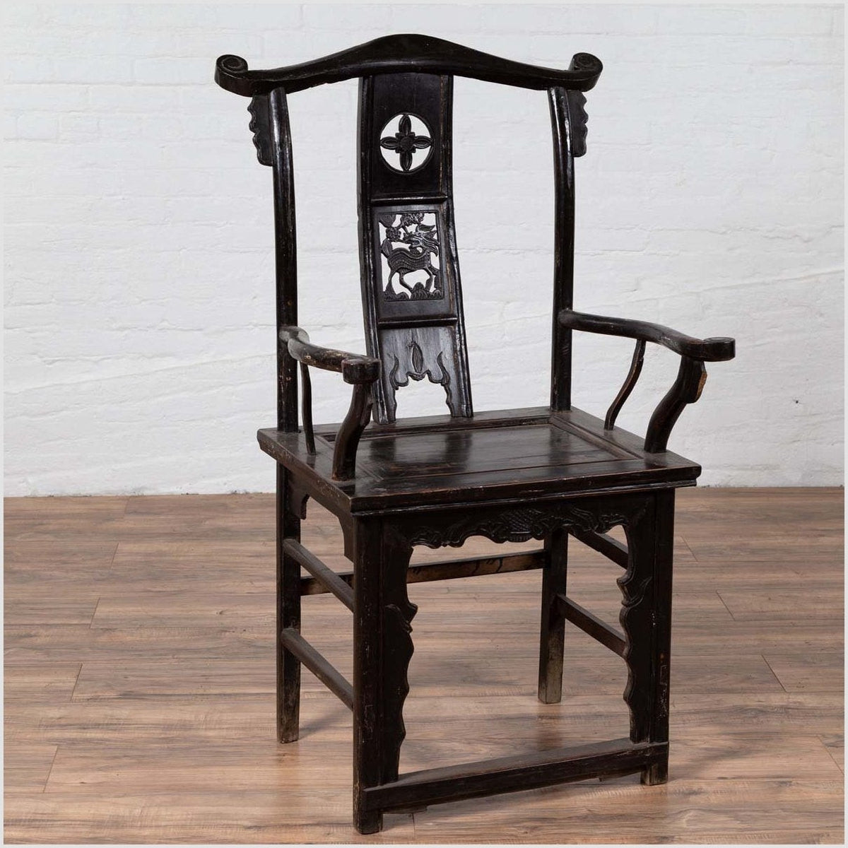 Chinese Elmwood Dark Patina Dengguayi Scholar's Lamp Armchair with Pierced Splat-5. Asian & Chinese Furniture, Art, Antiques, Vintage Home Décor for sale at FEA Home