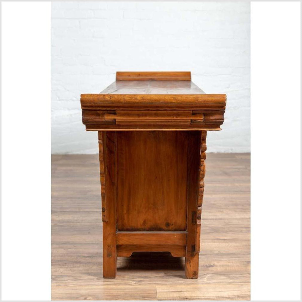 Chinese Elmwood Two-Door Low Kang Cabinet with Everted Flanges and Scrolls-15. Asian & Chinese Furniture, Art, Antiques, Vintage Home Décor for sale at FEA Home