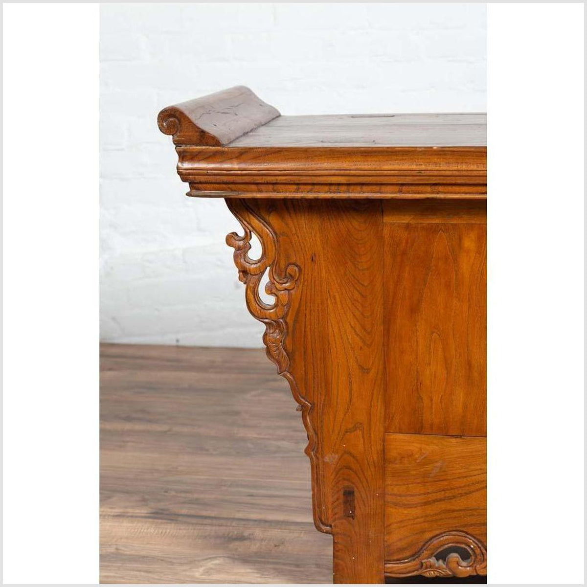 Chinese Elmwood Two-Door Low Kang Cabinet with Everted Flanges and Scrolls-7. Asian & Chinese Furniture, Art, Antiques, Vintage Home Décor for sale at FEA Home