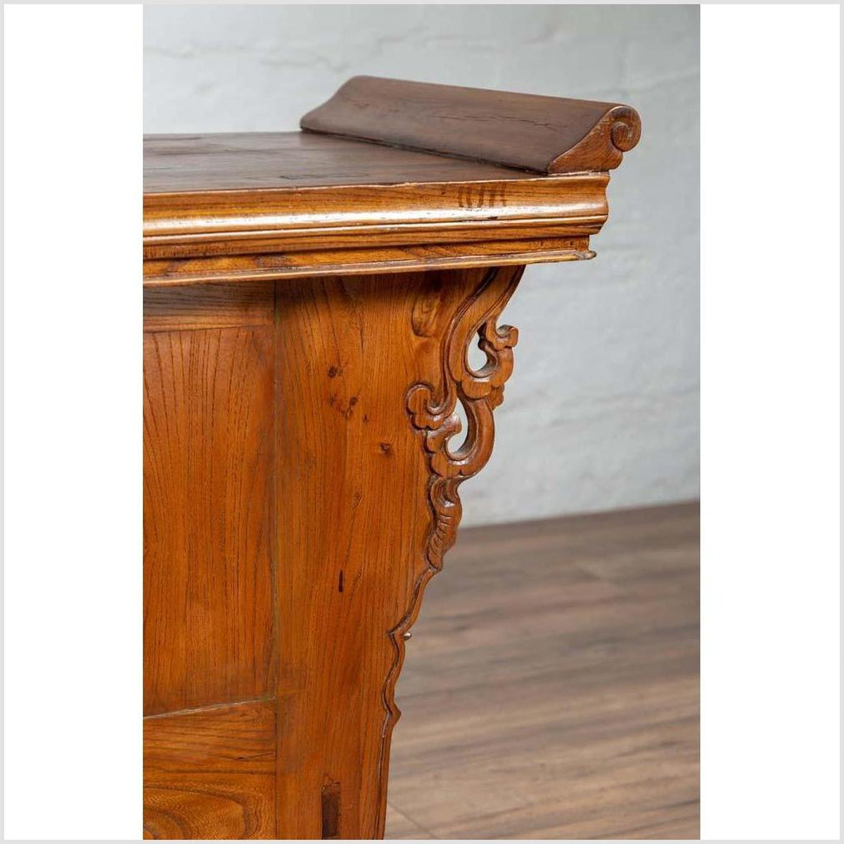Chinese Elmwood Two-Door Low Kang Cabinet with Everted Flanges and Scrolls-8. Asian & Chinese Furniture, Art, Antiques, Vintage Home Décor for sale at FEA Home