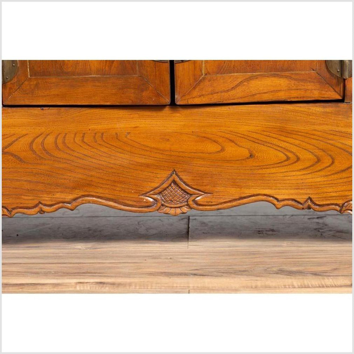 Chinese Elmwood Two-Door Low Kang Cabinet with Everted Flanges and Scrolls-10. Asian & Chinese Furniture, Art, Antiques, Vintage Home Décor for sale at FEA Home
