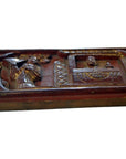 Brown wood hand-carved Chinese plaque with one figure standing before another behind a desk or window.