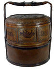Brown woven bamboo wedding basket with handle and decorative patterns, shown in original good condition.