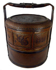 Brown wooden Chinese wedding basket with lid and handle, detailed intricate patterns, in good condition.