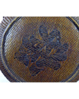 Brown Chinese large wedding basket lid with dark character pattern, close-up of lid in good condition.