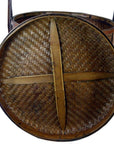 Brown woven wood wedding basket lid with two wooden crossbars, traditional Chinese style.