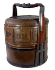 Brown woven bamboo wedding basket with wooden handle, metal accents, traditional Asian patterns, good condition.