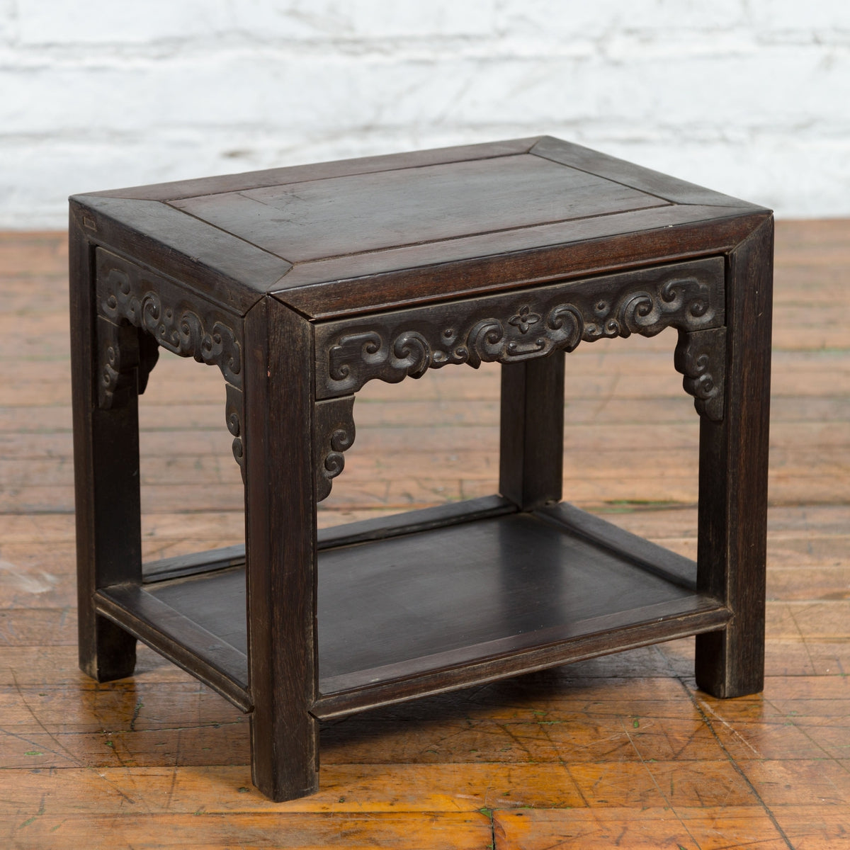 Chinese Late Qing Dynasty 1900s Stool with Cloud-Carved Apron and Lower Shelf-15. Asian & Chinese Furniture, Art, Antiques, Vintage Home Décor for sale at FEA Home