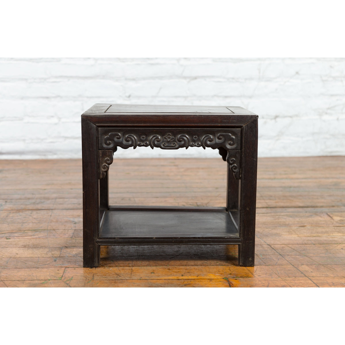 Chinese Late Qing Dynasty 1900s Stool with Cloud-Carved Apron and Lower Shelf-17. Asian & Chinese Furniture, Art, Antiques, Vintage Home Décor for sale at FEA Home