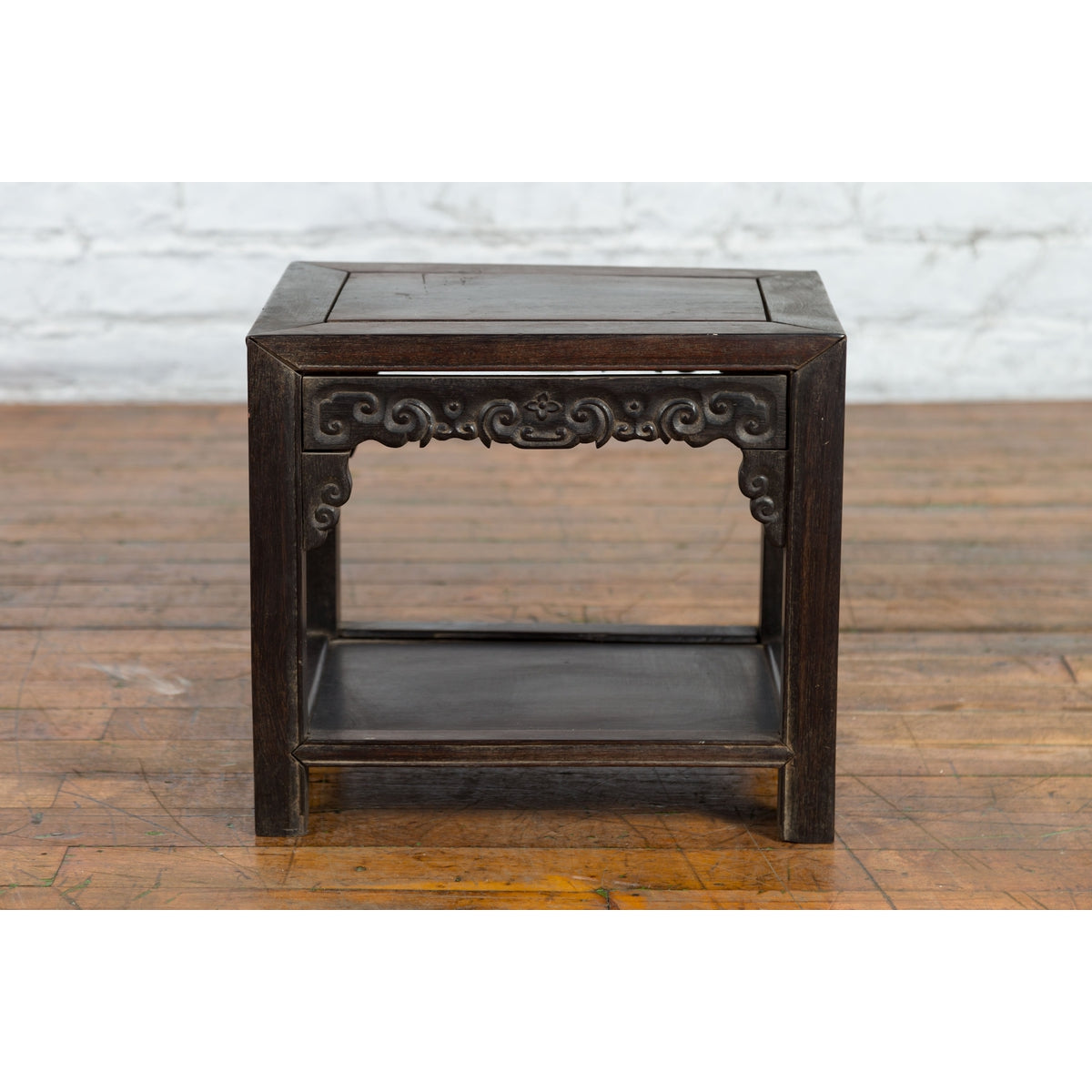 Chinese Late Qing Dynasty 1900s Stool with Cloud-Carved Apron and Lower Shelf-3. Asian & Chinese Furniture, Art, Antiques, Vintage Home Décor for sale at FEA Home