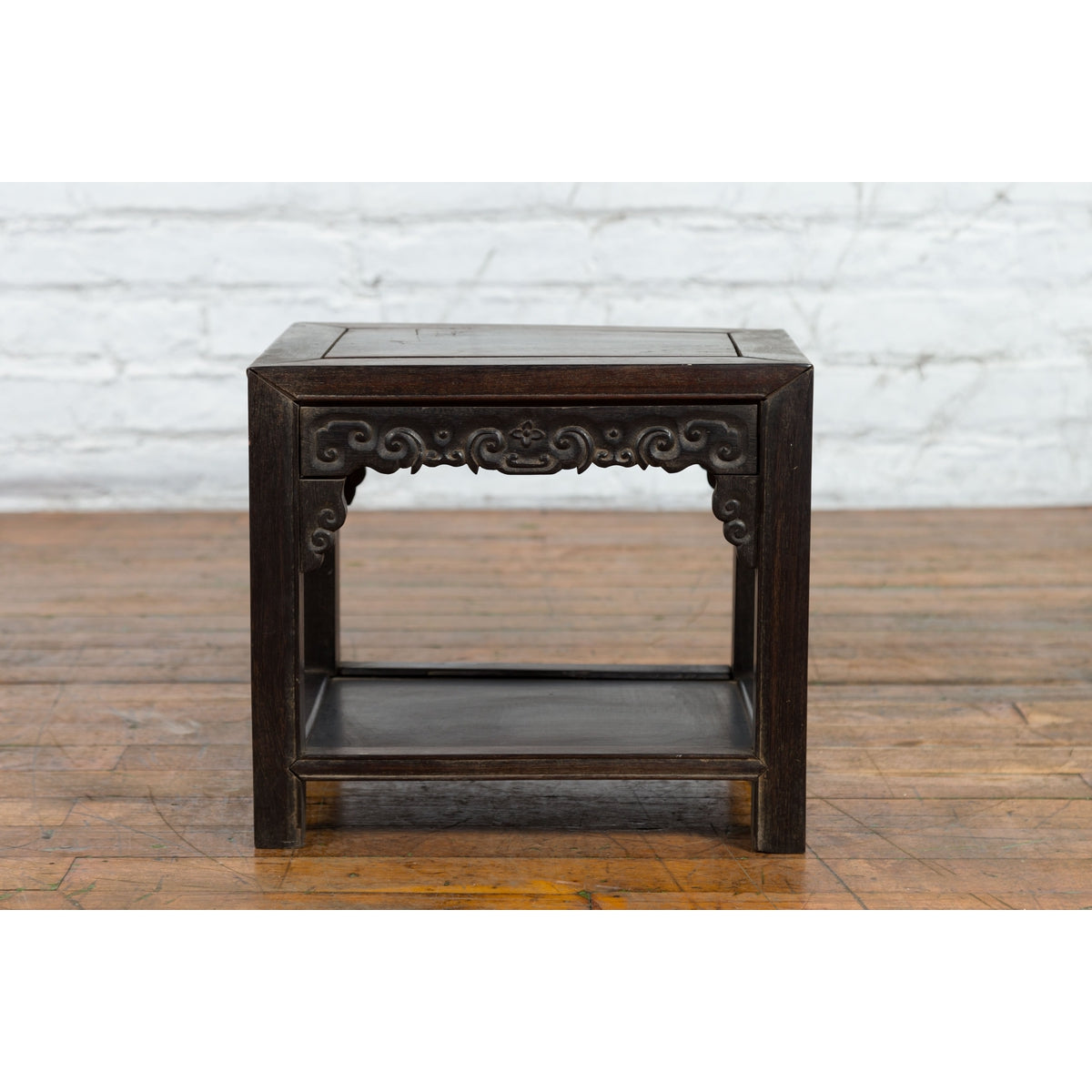 Chinese Late Qing Dynasty 1900s Stool with Cloud-Carved Apron and Lower Shelf-5. Asian & Chinese Furniture, Art, Antiques, Vintage Home Décor for sale at FEA Home