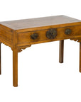 Brown elm wood desk with two drawers and ornate brass hardware, Chinese Late Qing Dynasty antique furniture.