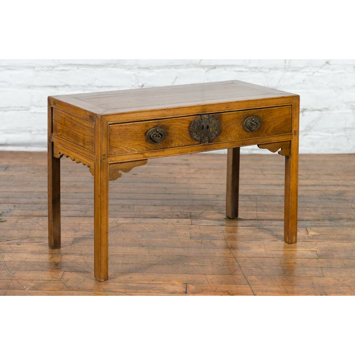 Chinese Late Qing Dynasty Elm Desk with Two Drawers and Ornate Brass Hardware-10. Asian & Chinese Furniture, Art, Antiques, Vintage Home Décor for sale at FEA Home