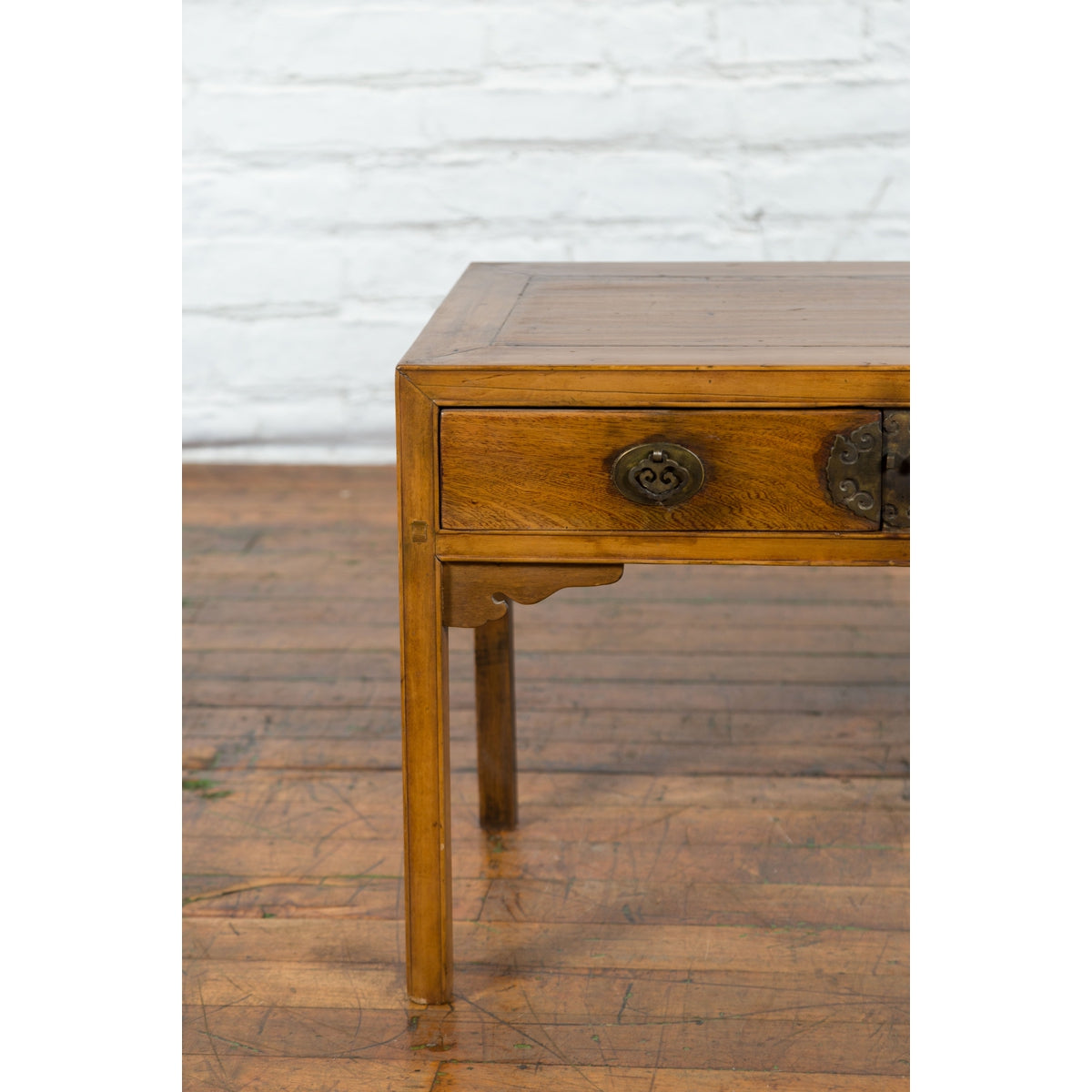 Chinese Late Qing Dynasty Elm Desk with Two Drawers and Ornate Brass Hardware-12. Asian & Chinese Furniture, Art, Antiques, Vintage Home Décor for sale at FEA Home