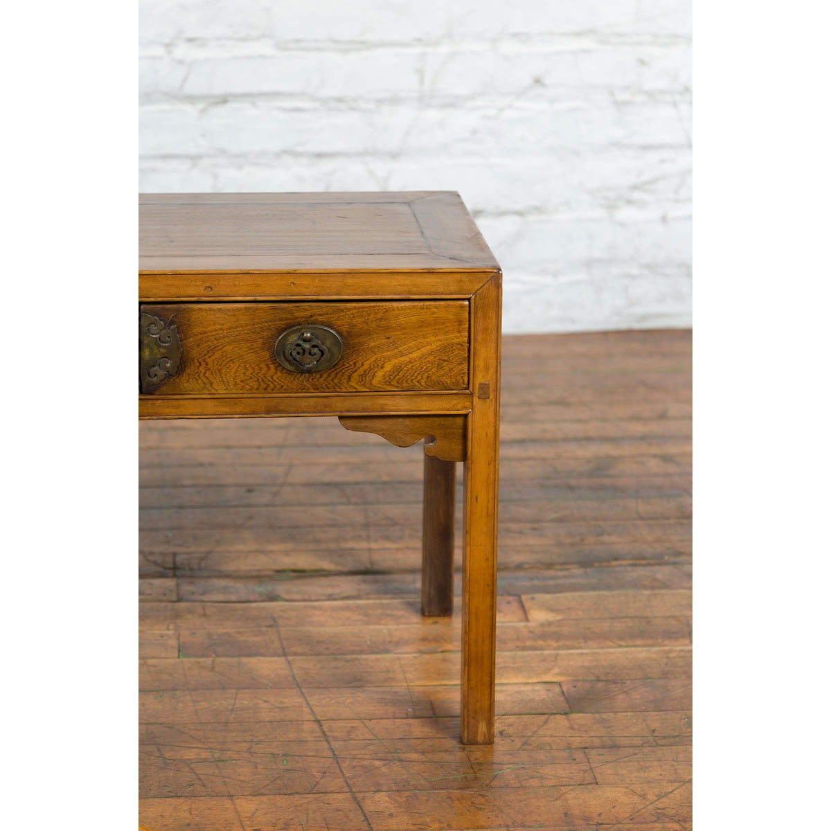 Chinese Late Qing Dynasty Elm Desk with Two Drawers and Ornate Brass Hardware-13. Asian & Chinese Furniture, Art, Antiques, Vintage Home Décor for sale at FEA Home