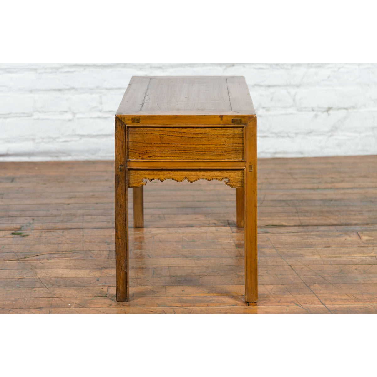 Chinese Late Qing Dynasty Elm Desk with Two Drawers and Ornate Brass Hardware-14. Asian & Chinese Furniture, Art, Antiques, Vintage Home Décor for sale at FEA Home