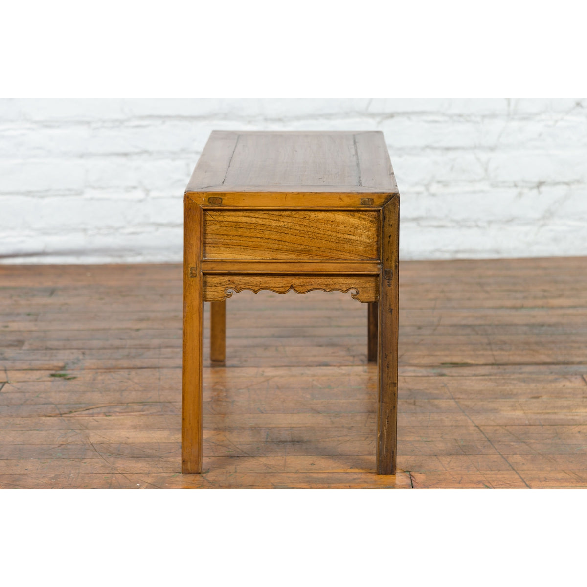 Chinese Late Qing Dynasty Elm Desk with Two Drawers and Ornate Brass Hardware-15. Asian & Chinese Furniture, Art, Antiques, Vintage Home Décor for sale at FEA Home