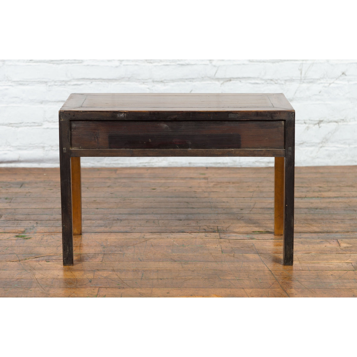 Chinese Late Qing Dynasty Elm Desk with Two Drawers and Ornate Brass Hardware-16. Asian & Chinese Furniture, Art, Antiques, Vintage Home Décor for sale at FEA Home