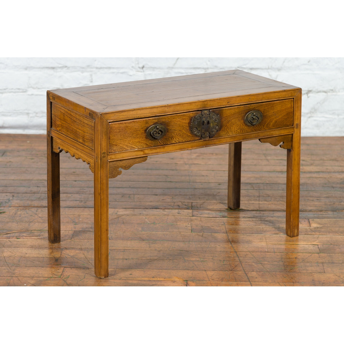 Chinese Late Qing Dynasty Elm Desk with Two Drawers and Ornate Brass Hardware-3. Asian & Chinese Furniture, Art, Antiques, Vintage Home Décor for sale at FEA Home