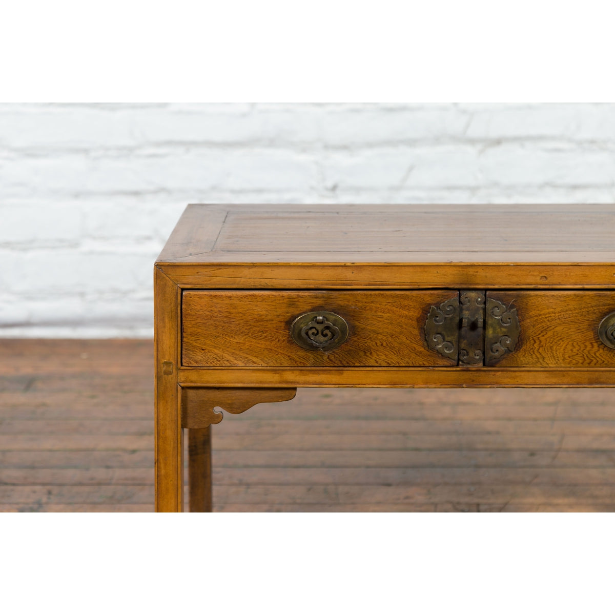 Chinese Late Qing Dynasty Elm Desk with Two Drawers and Ornate Brass Hardware-4. Asian & Chinese Furniture, Art, Antiques, Vintage Home Décor for sale at FEA Home
