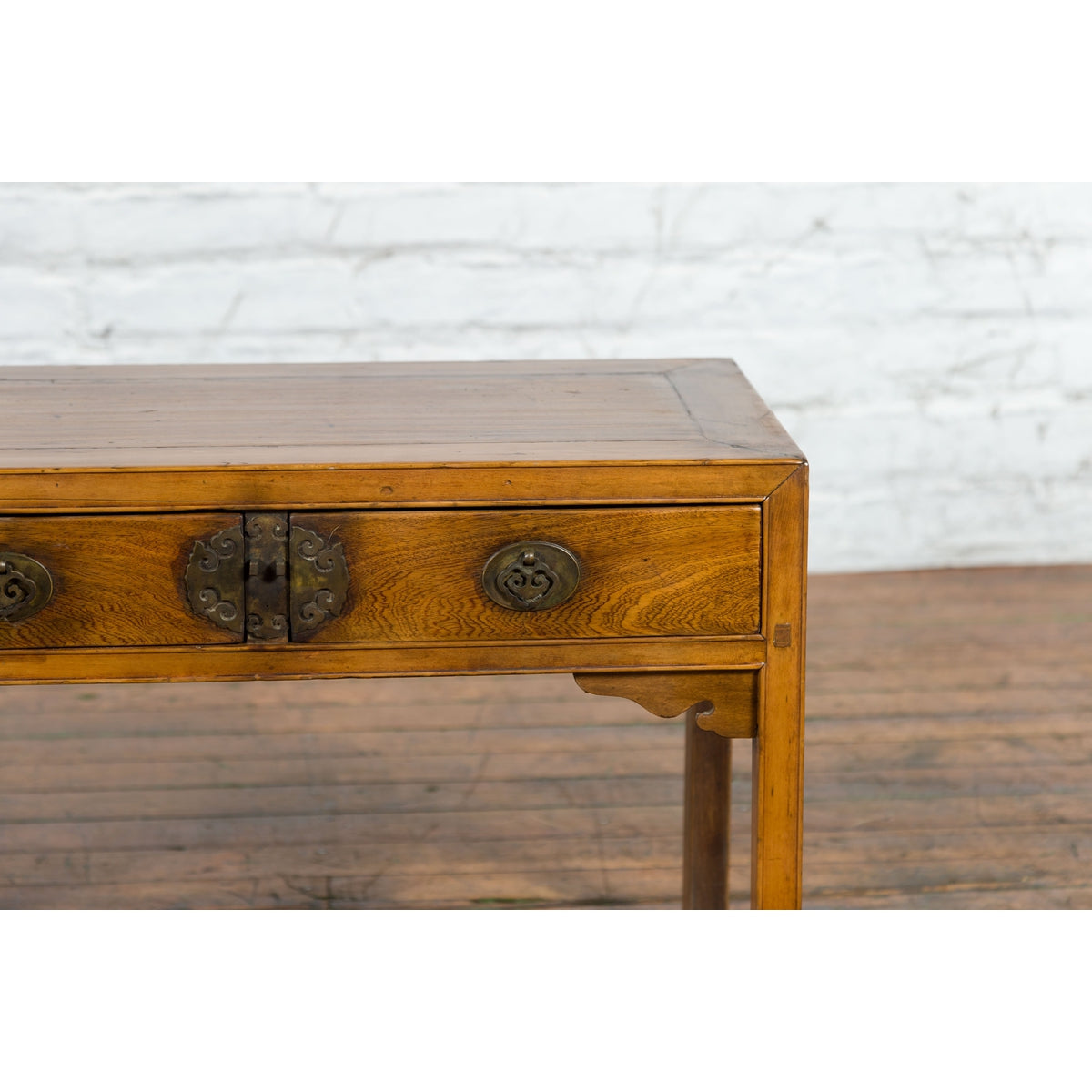 Chinese Late Qing Dynasty Elm Desk with Two Drawers and Ornate Brass Hardware-5. Asian & Chinese Furniture, Art, Antiques, Vintage Home Décor for sale at FEA Home