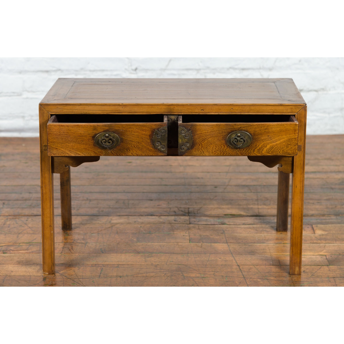 Chinese Late Qing Dynasty Elm Desk with Two Drawers and Ornate Brass Hardware-6. Asian & Chinese Furniture, Art, Antiques, Vintage Home Décor for sale at FEA Home