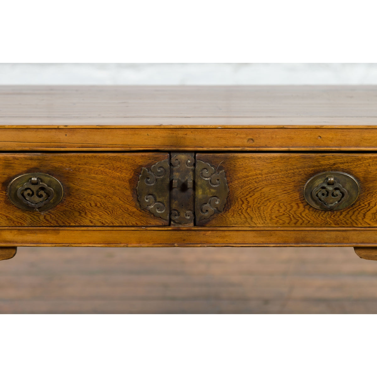 Chinese Late Qing Dynasty Elm Desk with Two Drawers and Ornate Brass Hardware-7. Asian & Chinese Furniture, Art, Antiques, Vintage Home Décor for sale at FEA Home