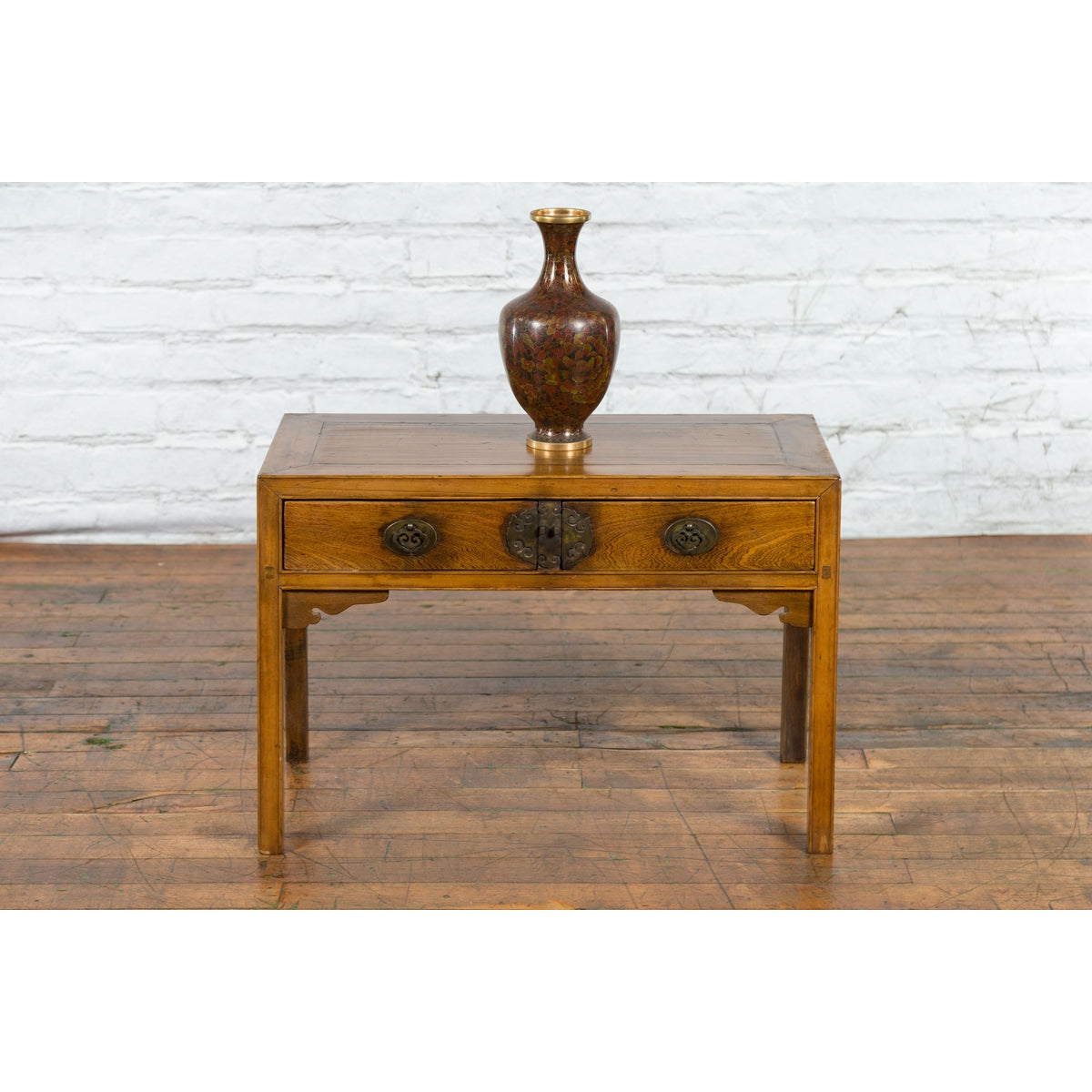 Chinese Late Qing Dynasty Elm Desk with Two Drawers and Ornate Brass Hardware-8. Asian & Chinese Furniture, Art, Antiques, Vintage Home Décor for sale at FEA Home