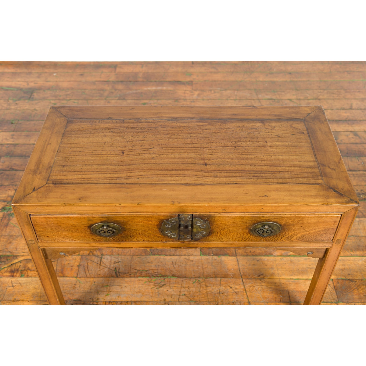 Chinese Late Qing Dynasty Elm Desk with Two Drawers and Ornate Brass Hardware-9. Asian & Chinese Furniture, Art, Antiques, Vintage Home Décor for sale at FEA Home