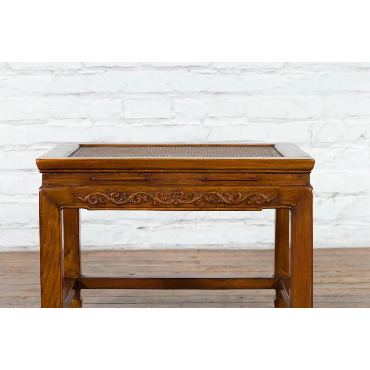 Chinese Late Qing Dynasty Elmwood Side Table with Low-Relied Carved Frieze-13. Asian & Chinese Furniture, Art, Antiques, Vintage Home Décor for sale at FEA Home