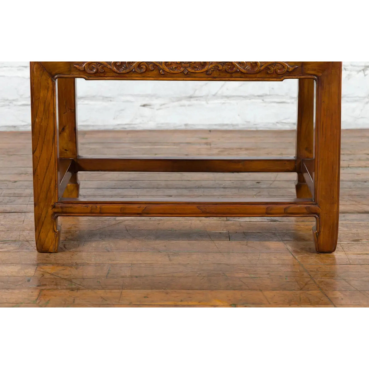Chinese Late Qing Dynasty Elmwood Side Table with Low-Relied Carved Frieze-16. Asian & Chinese Furniture, Art, Antiques, Vintage Home Décor for sale at FEA Home