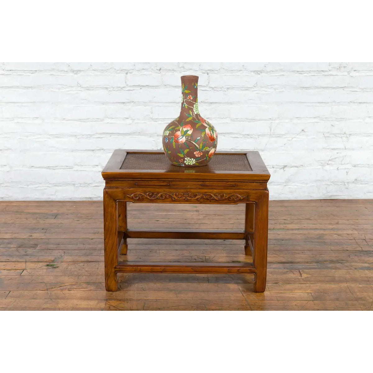 Chinese Late Qing Dynasty Elmwood Side Table with Low-Relied Carved Frieze-4. Asian & Chinese Furniture, Art, Antiques, Vintage Home Décor for sale at FEA Home