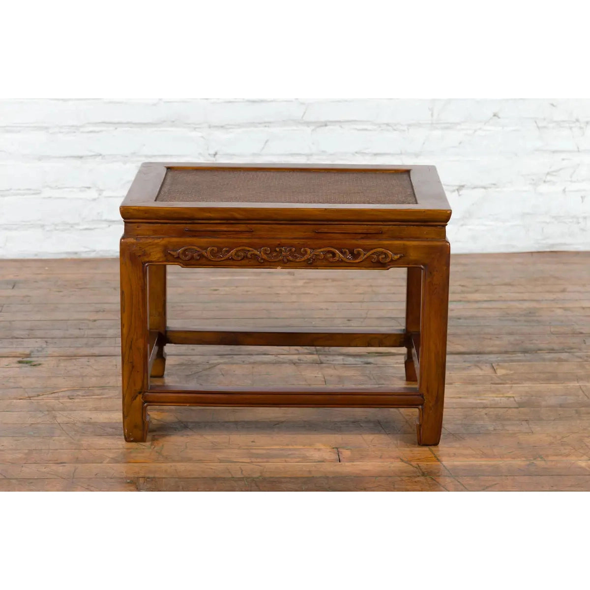 Chinese Late Qing Dynasty Elmwood Side Table with Low-Relied Carved Frieze-5. Asian & Chinese Furniture, Art, Antiques, Vintage Home Décor for sale at FEA Home