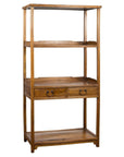 Tall wooden bookcase with three shelves and two drawers, simple classic design, front view.
