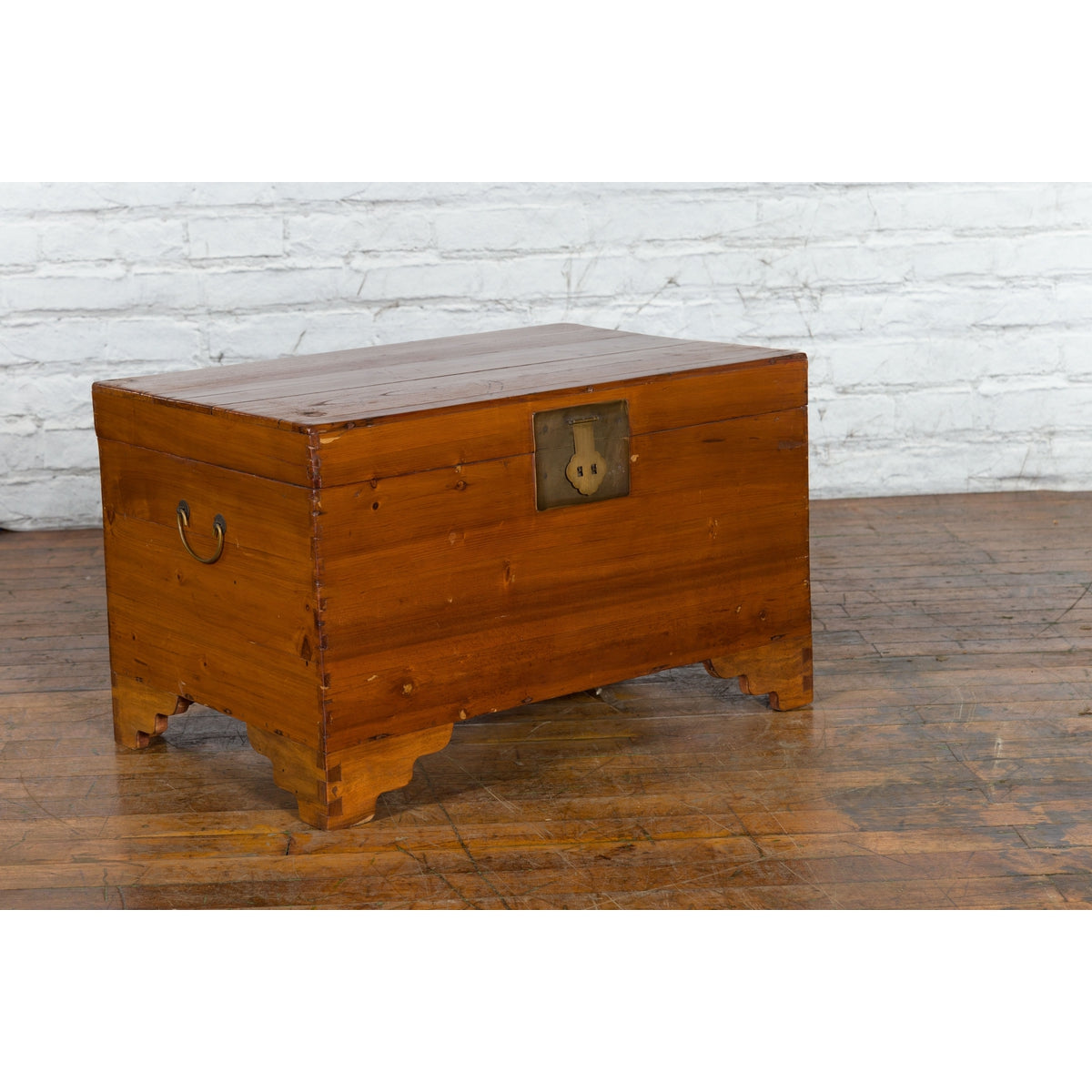 Chinese Late Qing Dynasty Pine Chest with Brass Hardware and Bracket Feet-12. Asian & Chinese Furniture, Art, Antiques, Vintage Home Décor for sale at FEA Home