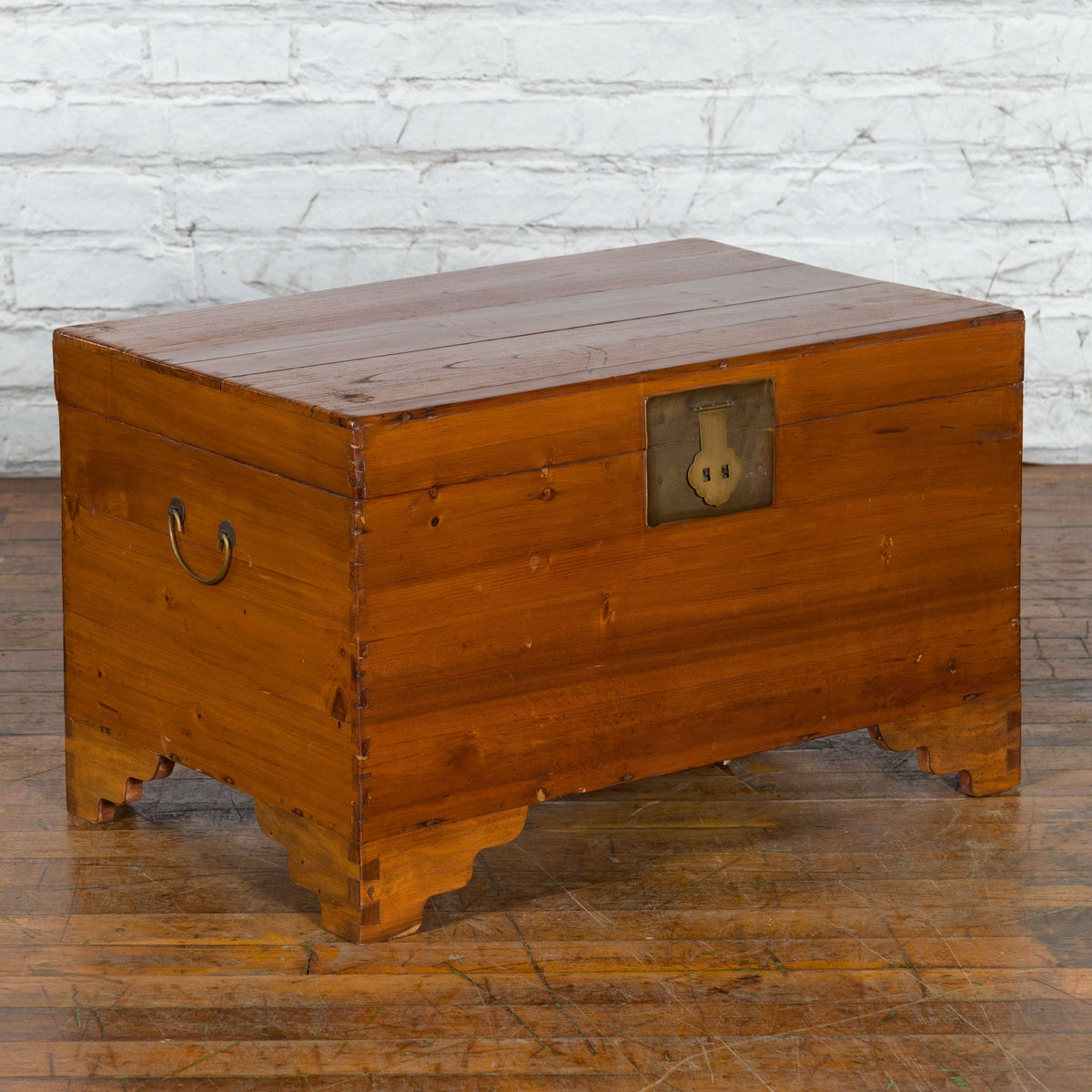 Chinese Late Qing Dynasty Pine Chest with Brass Hardware and Bracket Feet-13. Asian & Chinese Furniture, Art, Antiques, Vintage Home Décor for sale at FEA Home