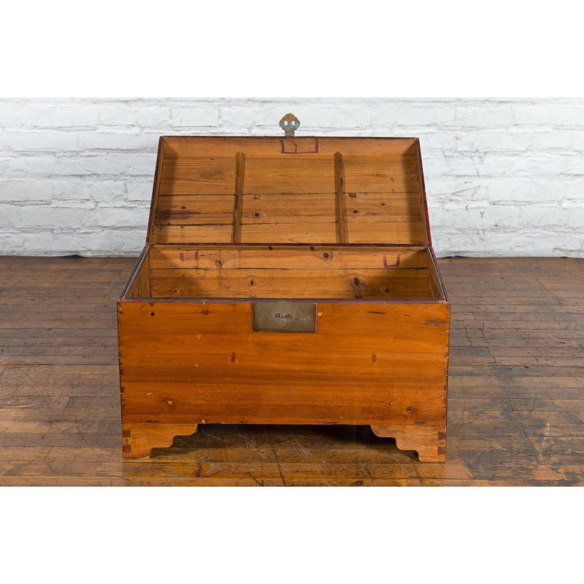 Chinese Late Qing Dynasty Pine Chest with Brass Hardware and Bracket Feet-4. Asian & Chinese Furniture, Art, Antiques, Vintage Home Décor for sale at FEA Home