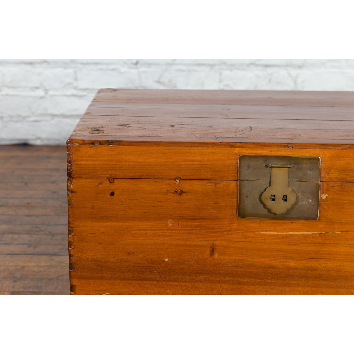 Chinese Late Qing Dynasty Pine Chest with Brass Hardware and Bracket Feet-6. Asian & Chinese Furniture, Art, Antiques, Vintage Home Décor for sale at FEA Home