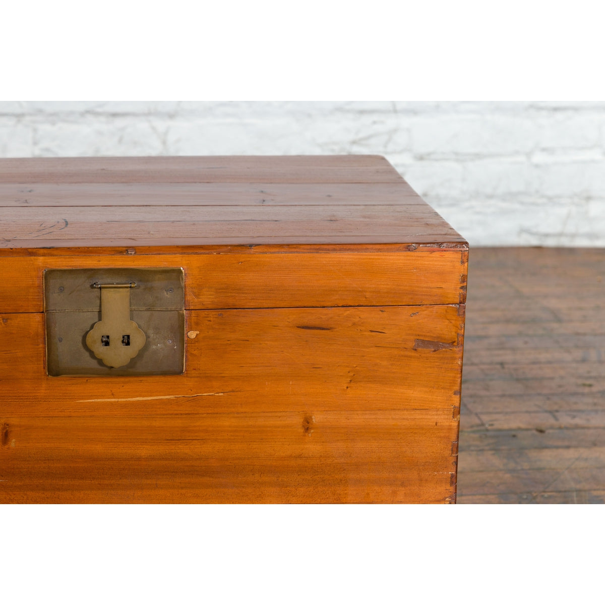 Chinese Late Qing Dynasty Pine Chest with Brass Hardware and Bracket Feet-7. Asian & Chinese Furniture, Art, Antiques, Vintage Home Décor for sale at FEA Home