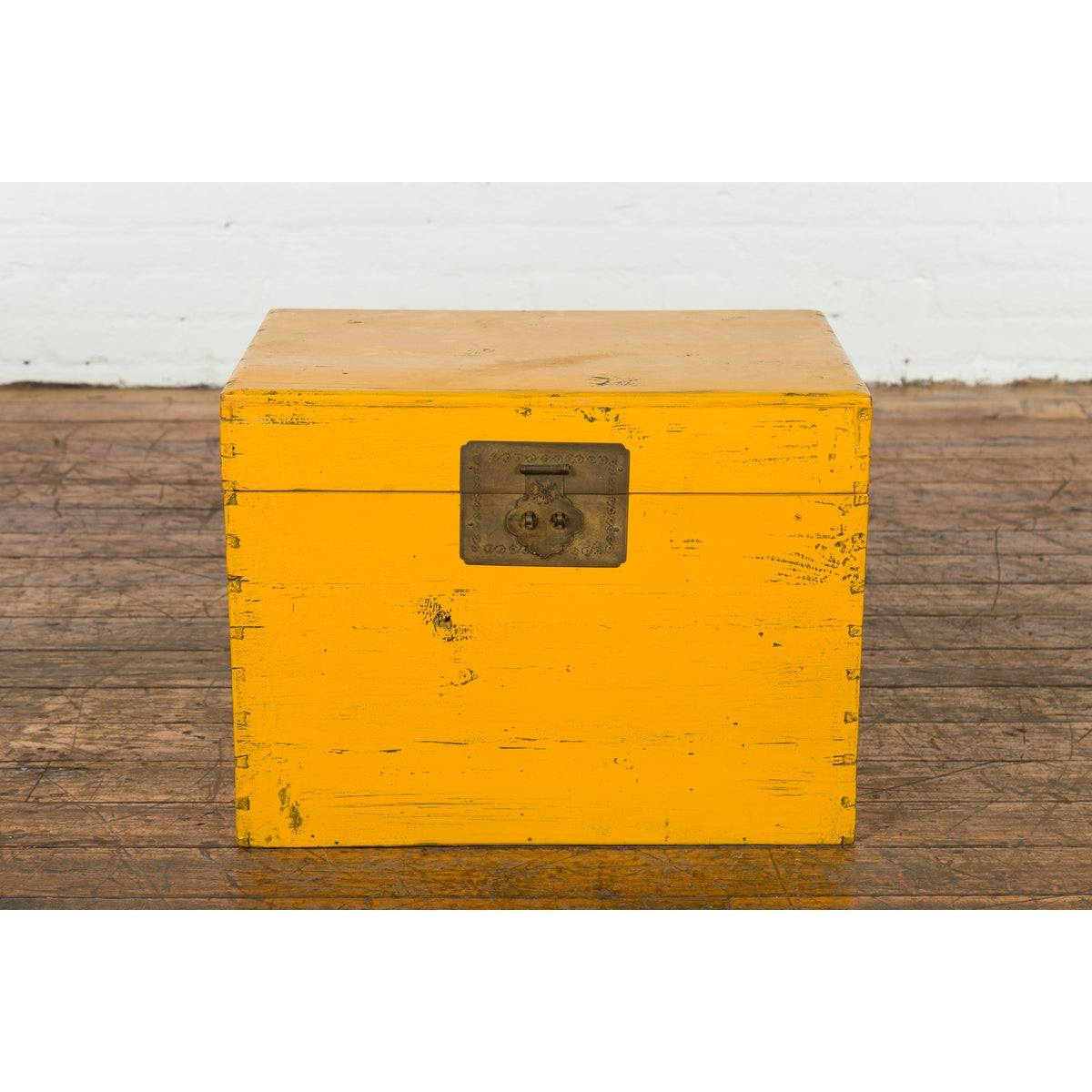 Chinese Late Qing Dynasty Yellow Lacquered Blanket Chest with Brass Hardware-18. Asian & Chinese Furniture, Art, Antiques, Vintage Home Décor for sale at FEA Home