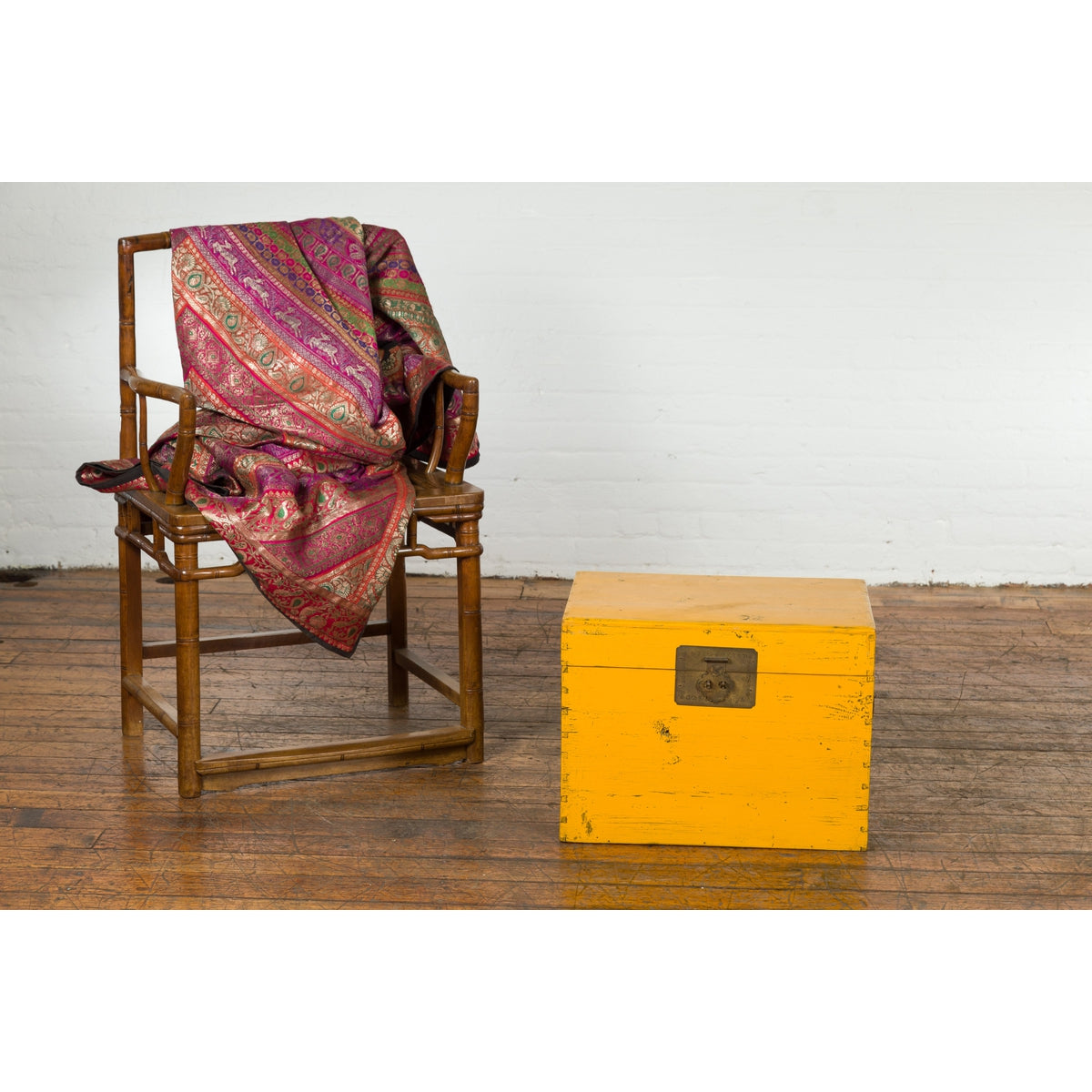 Chinese Late Qing Dynasty Yellow Lacquered Blanket Chest with Brass Hardware-6. Asian & Chinese Furniture, Art, Antiques, Vintage Home Décor for sale at FEA Home