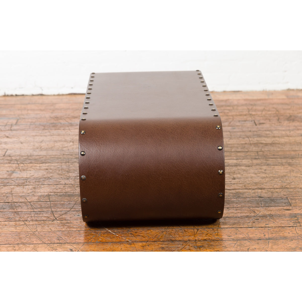 Chinese Midcentury Waterfall Scroll Table with Crackled Brown Faux Leather-12. Asian & Chinese Furniture, Art, Antiques, Vintage Home Décor for sale at FEA Home