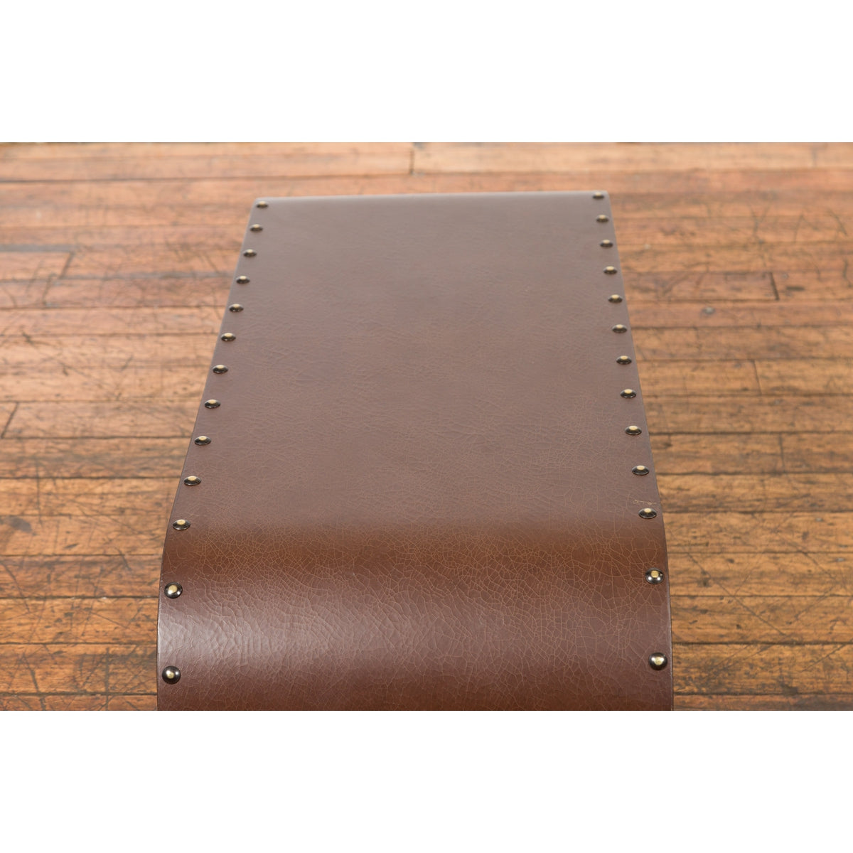 Chinese Midcentury Waterfall Scroll Table with Crackled Brown Faux Leather-14. Asian & Chinese Furniture, Art, Antiques, Vintage Home Décor for sale at FEA Home